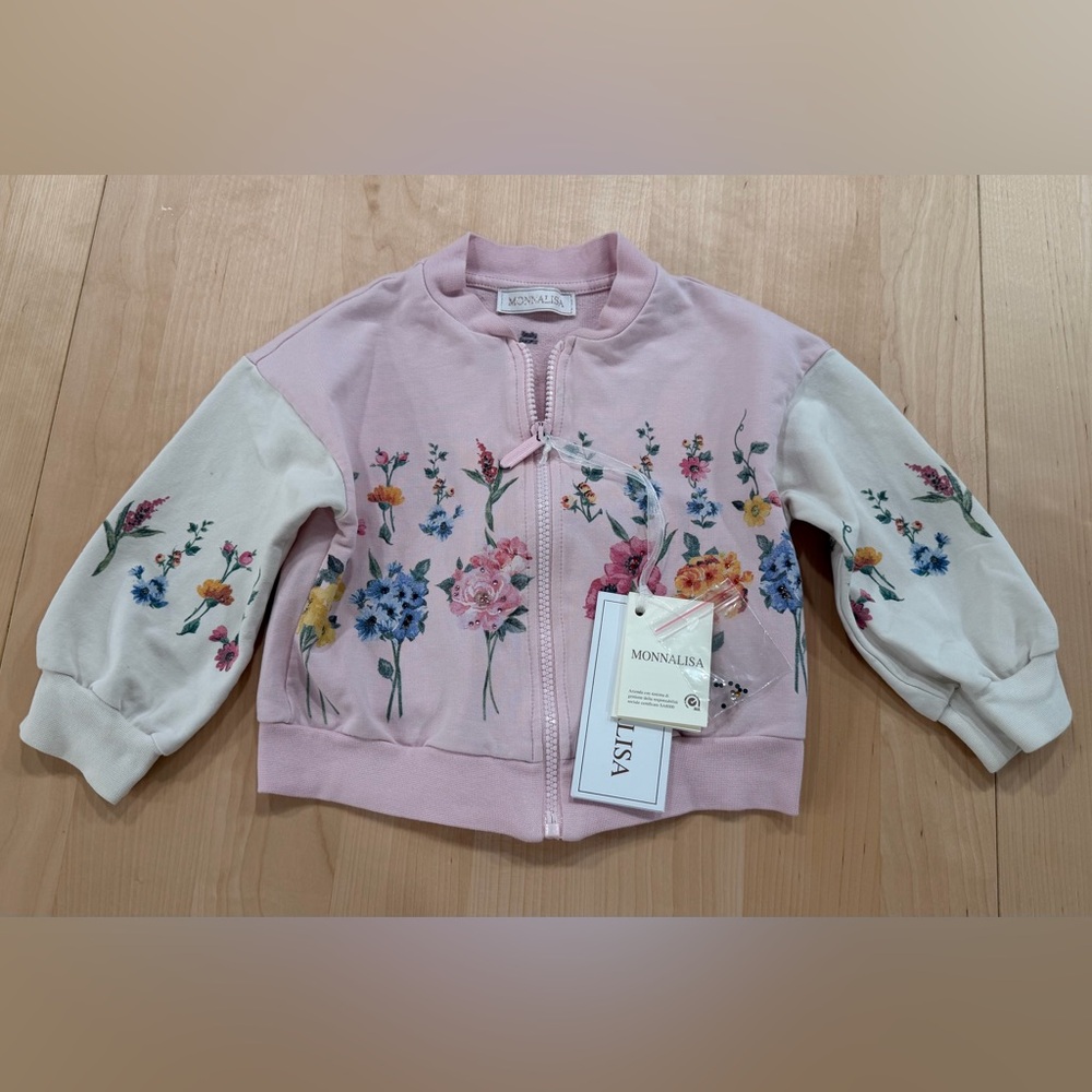 MonnaLisa Light Pink Floral Zip Jacket with Multicolor Blooms